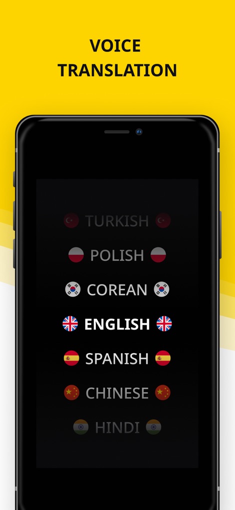 Translator Guru: Voice & Text - La herramienta ofrece una amplia selección de idiomas para la traducción de voz, presentando una lista clara de opciones como "English" y "Spanish" con sus banderas correspondientes.