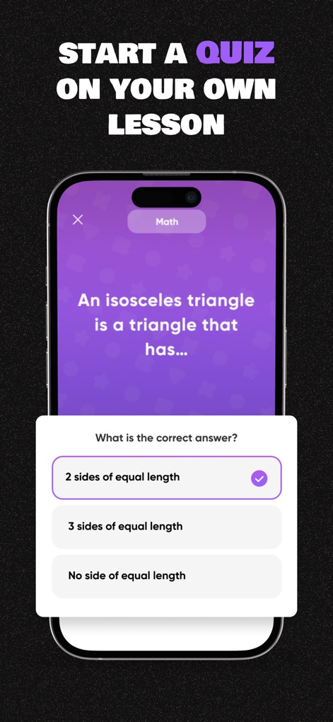 Baobab – Study & Homework - L'application propose des quiz interactifs basés sur le contenu des leçons, comme cette question à choix multiples sur les triangles. Les utilisateurs reçoivent des retours immédiats sur leurs réponses et peuvent s'exercer efficacement.
