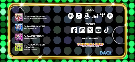 Caramella Girls Game - Explore multiple language versions of the iconic Caramelldansen track and connect with the community through integrated social media links.
