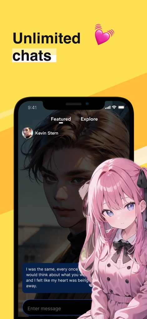 Talk.AI - Personalized AI Chat - L'application offre des chats illimités, comme illustré par la conversation avec 'Kevin Stern' et la charmante figurine d'anime aux cheveux roses en premier plan.