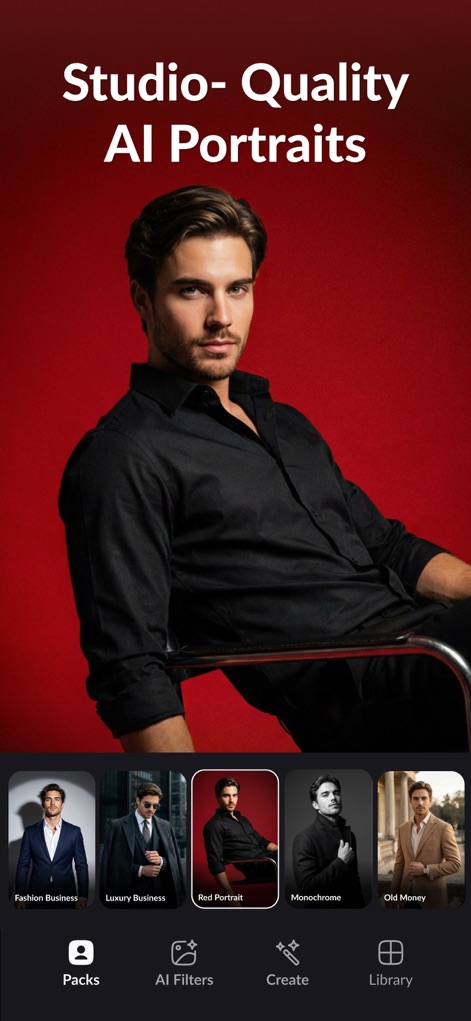 AI Photo Video Generator: AURA - Discover how the app delivers studio-quality AI portraits, offering a range of professional styles from "Fashion Business" to "Monochrome" options.