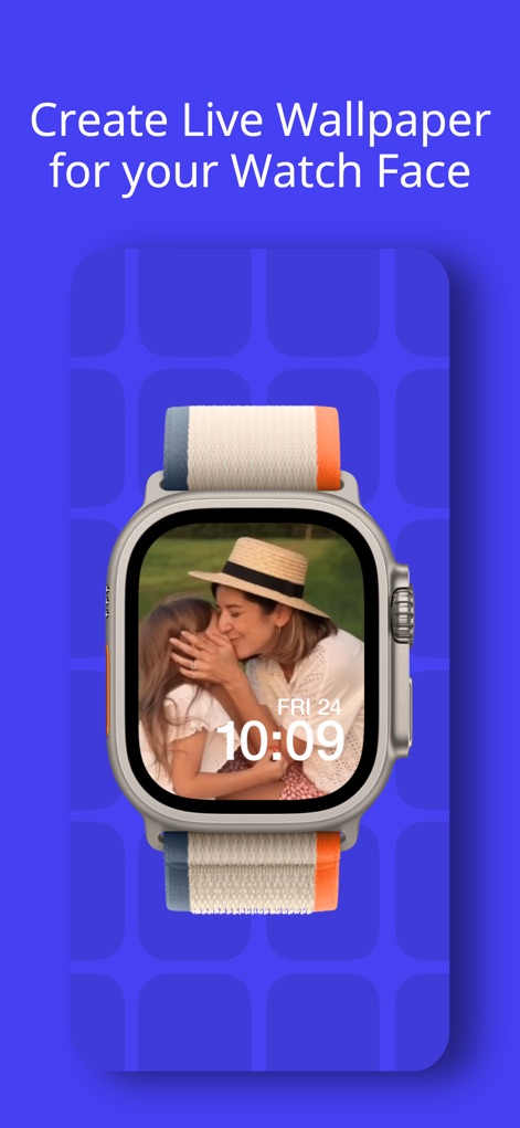 Video Wallpaper · Lock Screen - La aplicación permite crear fondos de pantalla en vivo personalizados para el Apple Watch, exhibiendo una imagen familiar y la información de la hora y fecha.