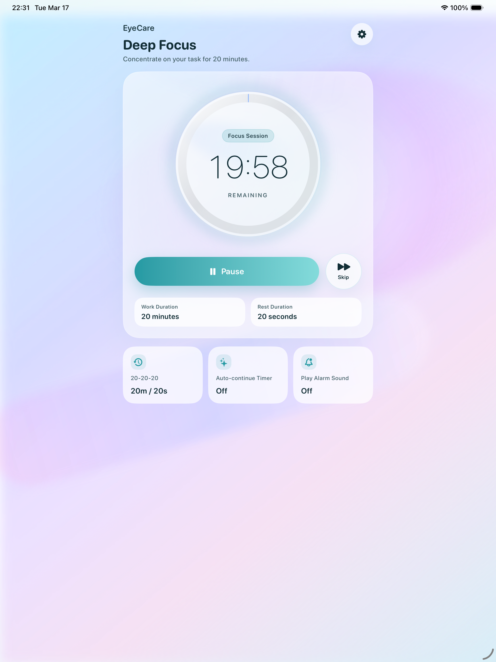 EyeCare: 20-20-20 Pomodoro