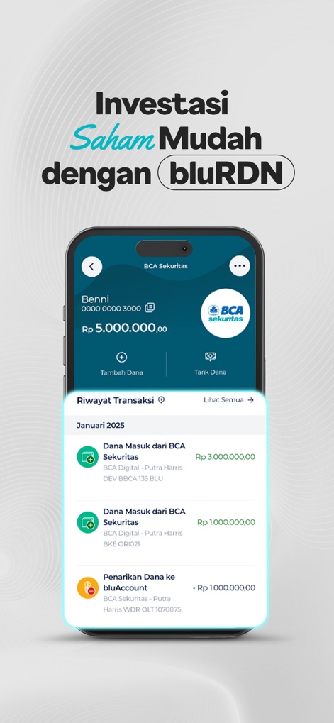 blu by BCA Digital - Esta sección muestra el historial de transacciones de inversión en acciones, con entradas de 'BCA Sekuritas' y saldos detallados para el seguimiento.