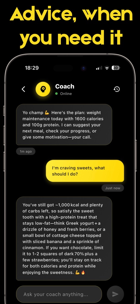 Cal Plus - AI Calorie Tracker - Users can engage with the AI Coach in a chat interface to receive personalized advice and meal suggestions tailored to their cravings.