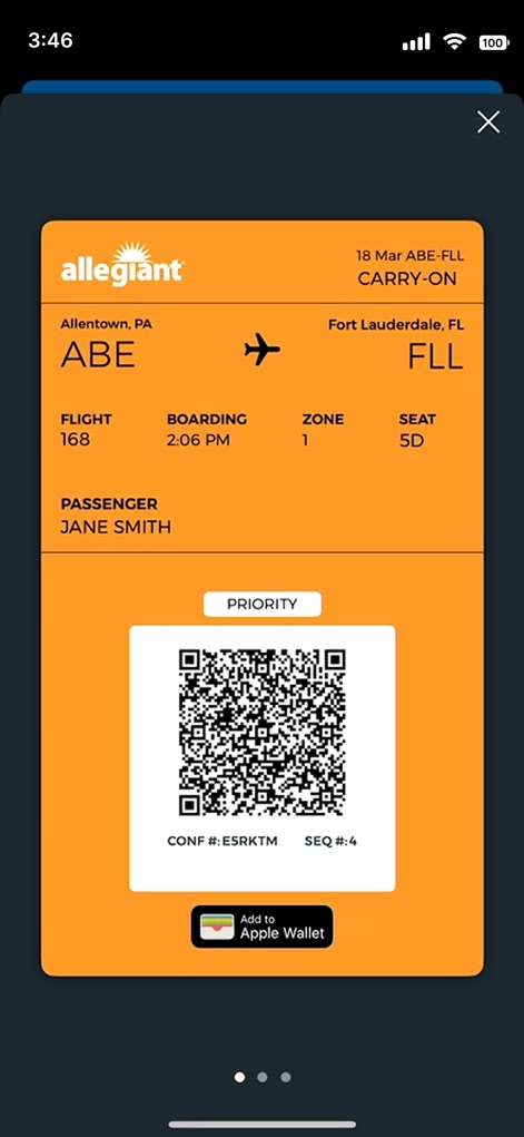 Allegiant - Users benefit from a convenient digital boarding pass featuring a scannable "QR code" and an option to "Add to Apple Wallet" for quick access.