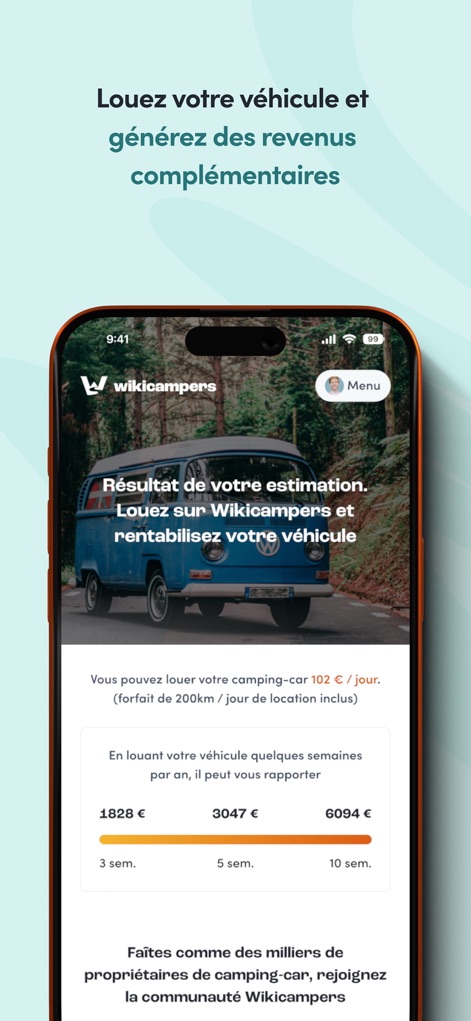 Wikicampers - このアプリは、車両のレンタルによる推定収益を提示し、週数ごとの潜在的な追加収入を具体的な金額で表示することで、所有者が資産を有効活用するのを支援します。