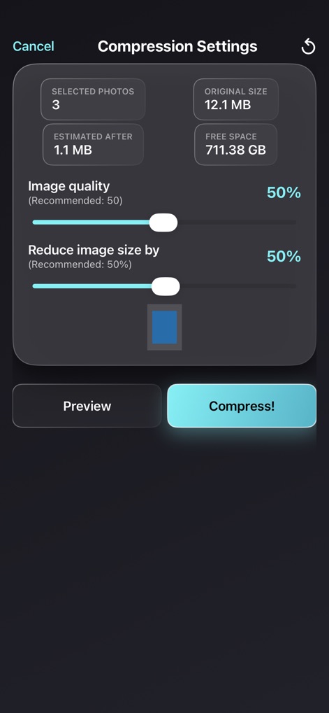 Photo Compress - Shrink Pics - This tool provides granular control over compression with distinct sliders for image quality and optional image resizing, alongside a clear estimated size reduction.