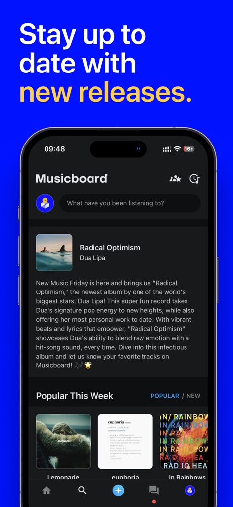 Musicboard: Albums & Songs - The app keeps users informed with timely new release announcements featuring descriptive text, alongside a dynamic 'Popular This Week' section to highlight trending music.