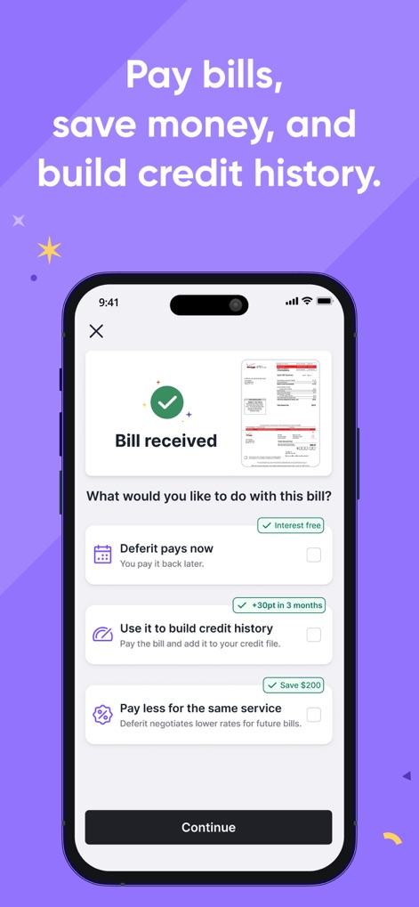 Deferit: Pay bills in 4 - Observe how the app simplifies bill processing with a "Bill received" confirmation and offers strategic options like "Deferit pays now" and "Use it to build credit history."