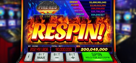 Ignite Classic Slots-Casino - Experience the intense 'RESPIN!' feature announced with dynamic flame effects, alongside the app's tiered jackpot system displaying Grand and Super prize values.