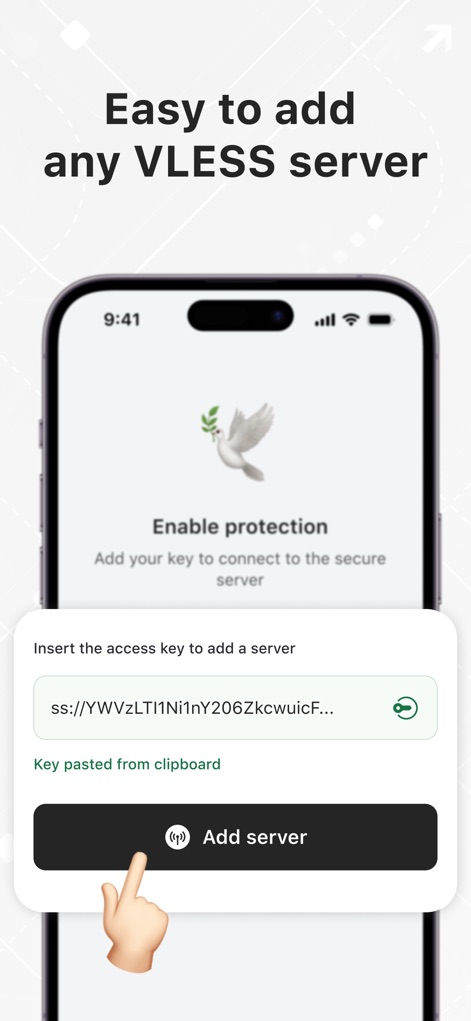 V2Ray Client+ - Esta interfaz simplifica la configuración, permitiendo a los usuarios insertar una "access key" directamente y confirmarla con el botón "Add server".