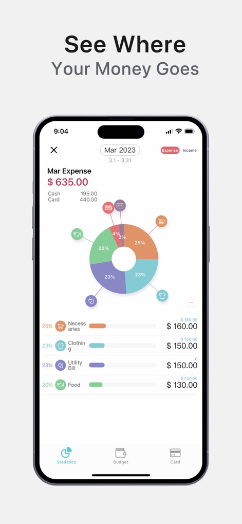 Weple Money: Expense Tracker - Esta herramienta presenta un gráfico circular interactivo que desglosa los gastos por categoría y una lista detallada que muestra el porcentaje y monto de cada tipo de gasto.
