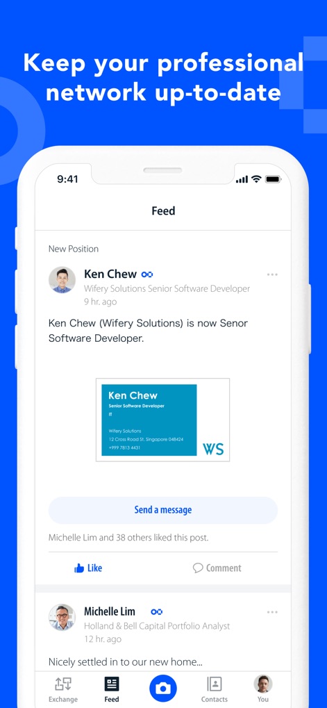 Eight: Business Card Manager - The feed keeps users informed about career movements like new positions and enables direct messaging to contacts, maintaining an active network.