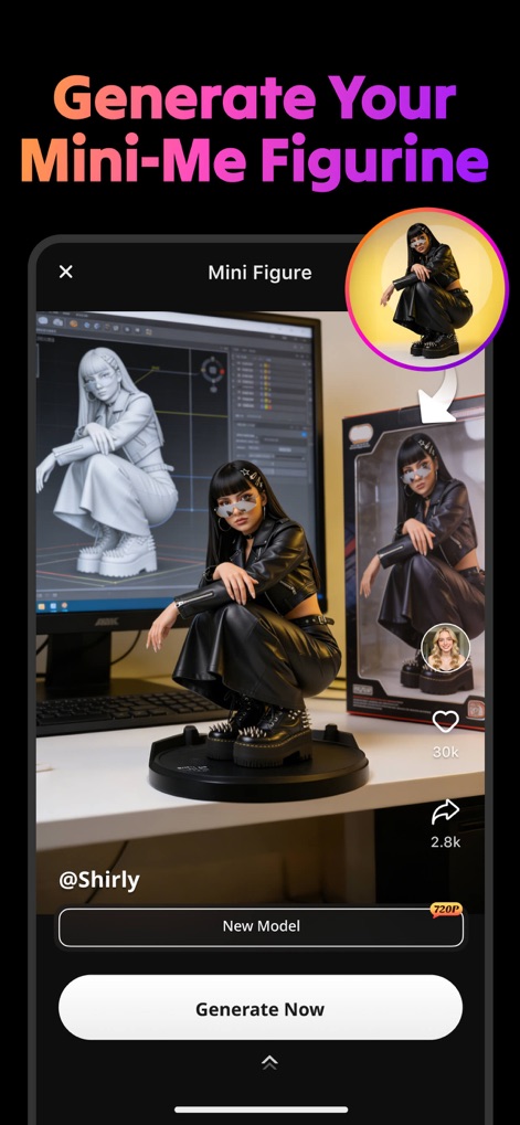 AI Video Generator : SelfyzAI - Users can bring a reference photo to life by generating a personalized "Mini Figure," showcased through both a 3D digital model and a physical-looking collectible.