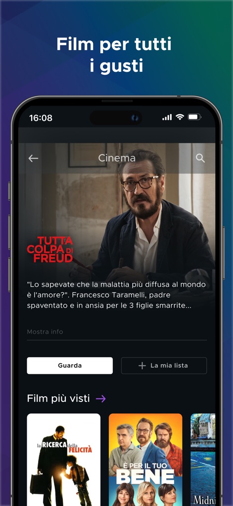 Mediaset Infinity Italia - Discover a diverse film library, with detailed movie descriptions like 'Tutta Colpa di Freud' and accessible carousels for popular titles such as 'La Ricerca della Felicità'.