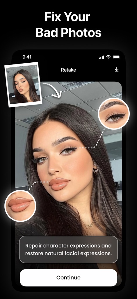 AI Photo Video Editor, Enhance - L'outil corrige les expressions et les défauts des visages, permettant de restaurer des expressions faciales naturelles et d'améliorer les détails des traits comme les yeux et la bouche.