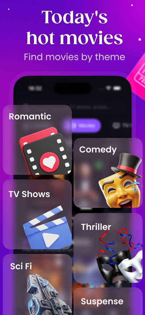 PipeCalc AI: Movie & TV Picks - 「Romantic」や「Comedy」など、多様なテーマカテゴリーと直感的なアイコンが表示されています。