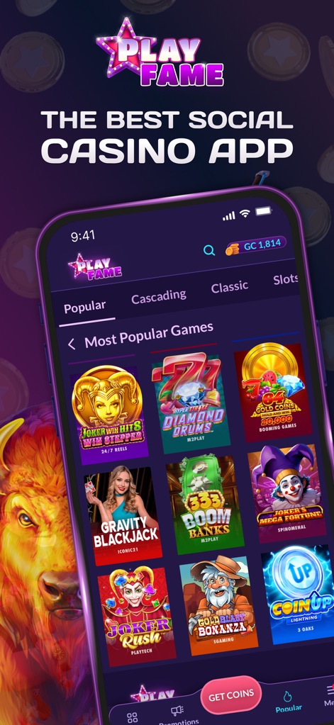 PlayFame Casino Games - See how the app organizes a wide variety of game categories, including 'Popular' and 'Classic', and displays an extensive selection of slot titles such as 'Joker Win Hits' and 'Gravity Blackjack'.
