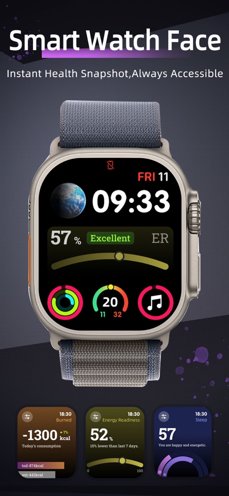 BodyCharge - Health Monitor - The app empowers users with an instant health snapshot directly on the watch face, displaying key metrics like '57% Excellent ER' and providing a quick glance at 'Today's consumption -1300 burned kcal'.