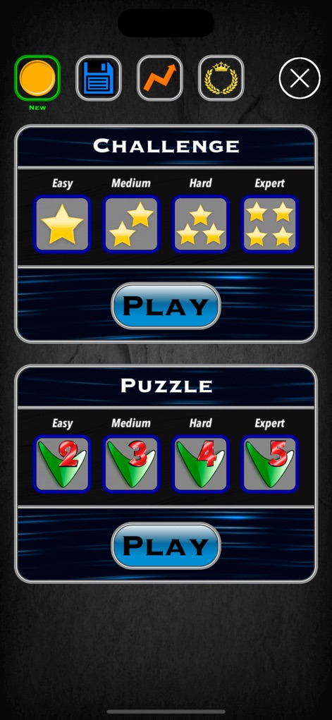 4 In A Row Board Game Connect - Aquí se observan las modalidades individuales "Challenge" y "Puzzle", donde los usuarios pueden seleccionar el nivel de dificultad y prepararse para iniciar la partida.