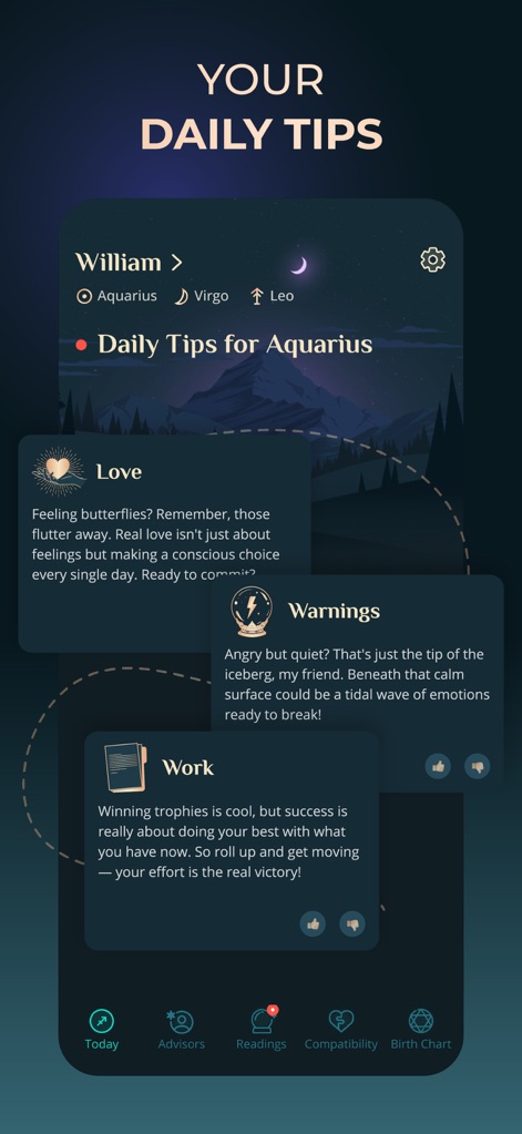 Daily Astrology Horoscope - Users receive personalized daily tips covering key life areas like love, warnings, and work, easily navigating through various features with the intuitive bottom menu.