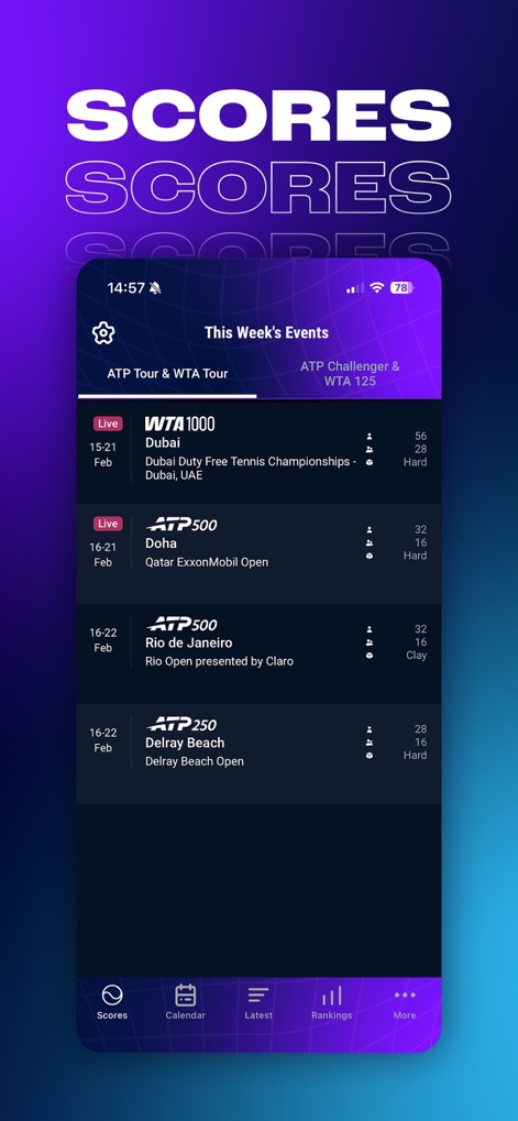 ATP WTA Live - ユーザーは、ライブ中継中の試合を示すインジケーターと、ATP 1000やATP 500といった大会の開催地と日程を一覧で確認できます。