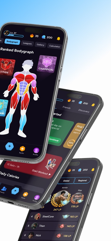 Liftoff - Ranked Gym Workouts - Les utilisateurs découvrent un "Bodygraph" détaillé pour une visualisation de la progression musculaire et peuvent explorer les "classements mondiaux" dans un format gamifié.