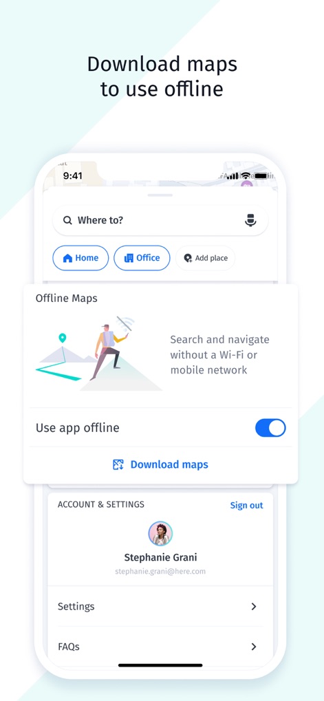 HERE WeGo Maps & Navigation - Die App bietet die Möglichkeit, Karten herunterzuladen, um sie offline zu nutzen, was besonders auf Reisen praktisch ist, und integriert diese Funktion nahtlos in die persönlichen Kontoeinstellungen der Nutzer.