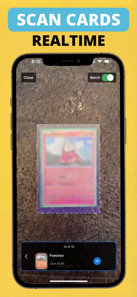 TCG Scanner Card - Pokechart - 이 앱은 실시간 스캔 인터페이스를 통해 TCG 카드를 즉시 식별하며, 'Batch' 모드 토글과 인식된 카드('Fuecoco, Card #036') 정보를 제공하여 효율적인 컬렉션 등록을 지원합니다.