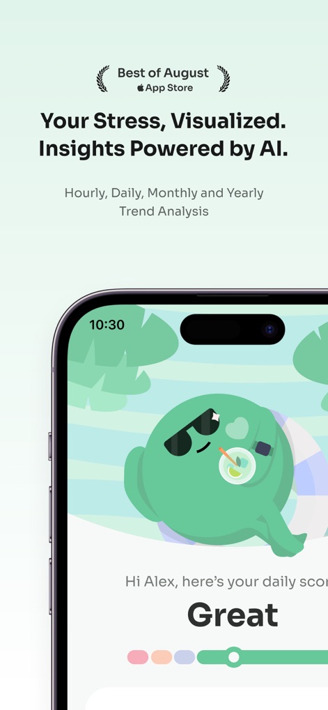 StressWatch: AI Stress Monitor - The app provides personalized daily stress scores and visualizes trends through the expressive 'Mr. Fizz' character.