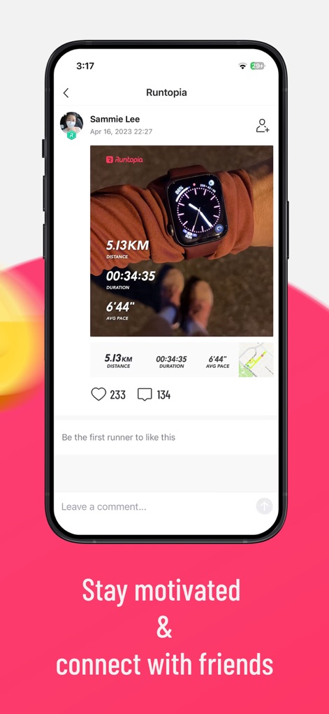 Runtopia-Reward RunningTracker - The community feature allows users to share their run summaries, including 'Distance' and 'Avg Pace', fostering social engagement and mutual motivation.
