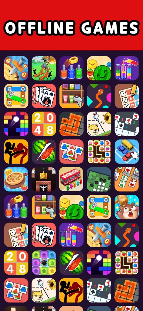 99 Games-Offline Games No Wifi - A tela inicial exibe um banner proeminente "OFFLINE GAMES", sublinhando a proposta central do aplicativo, e revela uma grade extensa de ícones que representam a diversidade de gêneros, desde puzzles a jogos de estratégia.