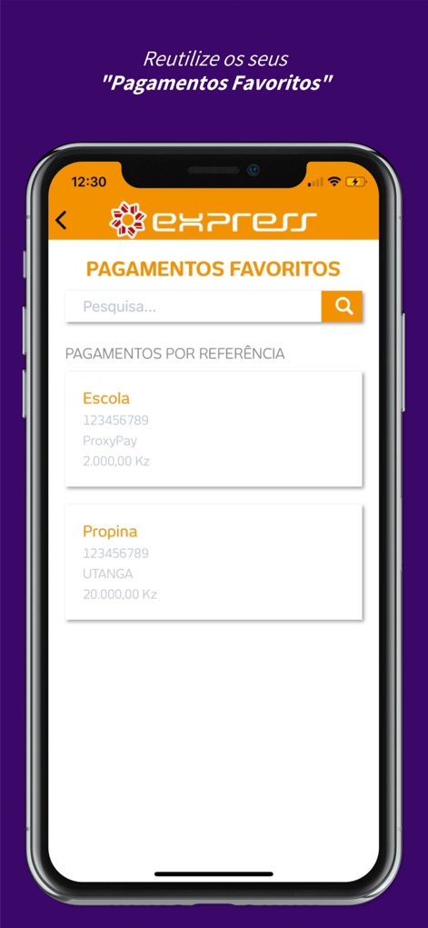 MULTICAIXA Express - A secção 'Pagamentos Favoritos' permite aos utilizadores pesquisar e reutilizar pagamentos frequentes, como 'Escola' e 'Propina', com um simples toque.
