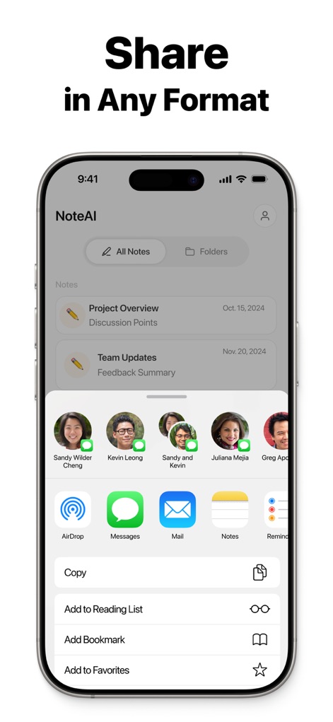 Note AI: Smart Note Taker - Los usuarios pueden compartir notas a través de diversas aplicaciones y contactos, además de opciones para copiar, añadir a listas de lectura y marcar como favoritos, garantizando flexibilidad y control total.