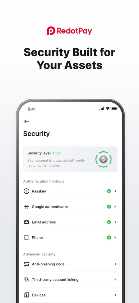 RedotPay: Crypto Card & Pay - La herramienta garantiza una seguridad robusta con un nivel de seguridad 'Alto' y diversas opciones de autenticación multifactor, incluyendo Passkey y Google Authenticator, protegiendo los activos digitales de los usuarios.