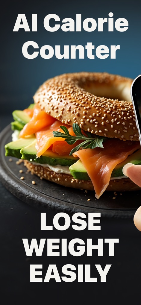 Calz - Calorie Counter AI - L'application présente sa proposition de valeur unique : un compteur calorique basé sur l'IA qui facilite la gestion du poids, illustrée par la promesse 'Lose Weight Easily' et une image de repas sain.