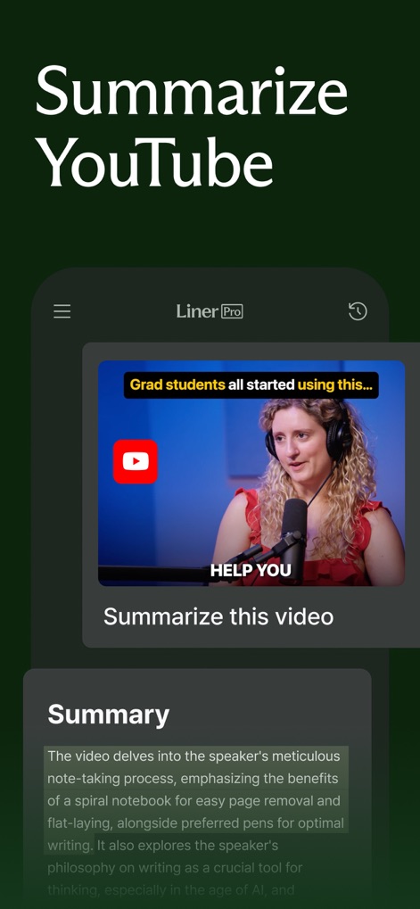 Liner - AI search assistant - Die App ermöglicht es, YouTube-Videos effizient zu verarbeiten, wobei der Thumbnail des Videos prominent angezeigt und eine prägnante Zusammenfassung der Kerninhalte generiert wird.