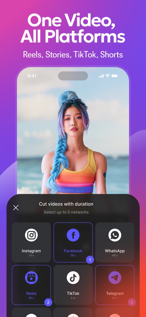 CutStory: IG Reels & Captions - 사용자는 하나의 영상을 다양한 소셜 미디어 플랫폼에 최적화된 길이와 포맷으로 공유할 수 있으며, 각 플랫폼별 권장 영상 길이를 쉽게 확인하고 선택할 수 있습니다.