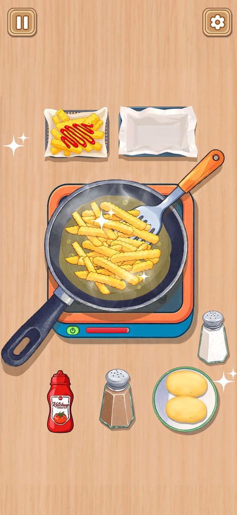 Crazy Kitchen Set Cooking ASMR - O foco está no preparo de batatas fritas, com o processo de fritura em uma panela e a exposição de ingredientes como sal e ketchup, prometendo uma experiência imersiva.