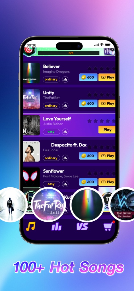 Rhythm Rush 2: Piano Game - The app showcases a vast library of globally popular songs and allows users to choose from various difficulty levels for each track.