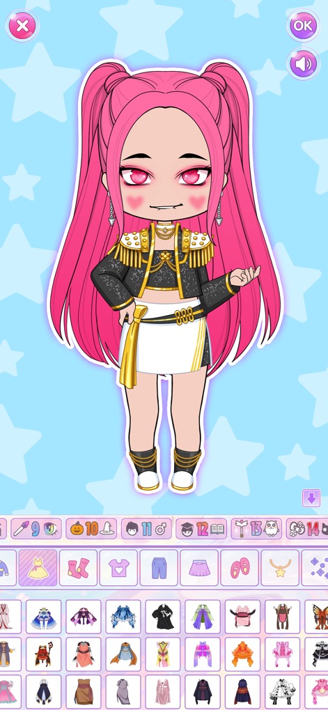 Chibi Maker: Dress Up Games - Ein Chibi-Charakter präsentiert eine schicke Kombination aus langen pinkfarbenen Haaren und einer eleganten, schwarz-goldenen Militärjacke, die ihren einzigartigen Stil unterstreicht.
