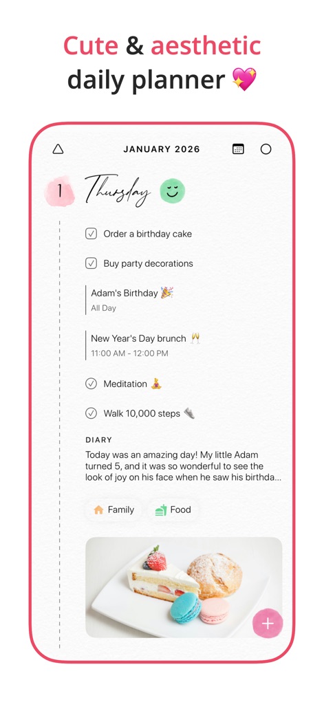 2026 Planner & Agenda - Floret - See how the app elegantly displays daily tasks with checkboxes and integrates a personal diary entry with an attached photo.