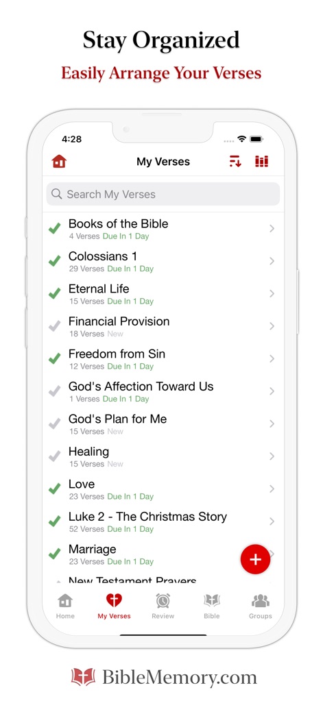 The Bible Memory App - Diese Übersicht ermöglicht es, personalisierte Verssammlungen wie "Books of the Bible" oder "Colossians 1" zu organisieren und den Lernstatus durch die hilfreiche Statusanzeige "Due In 1 Day" im Blick zu behalten.