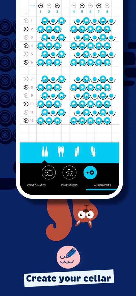 PLOC, you'll be wine - 사용자는 직관적인 격자형 디자인 인터페이스를 통해 와인 셀러를 직접 설계하고, 병의 위치를 나타내는 물결 모양 아이콘을 사용하여 정밀하게 배치할 수 있습니다.