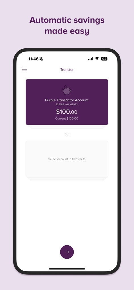 Beyond Bank - Les utilisateurs peuvent facilement configurer des transferts vers leurs comptes d'épargne, en choisissant un compte source comme le Purple Transactor Account et en sélectionnant la destination pour l'épargne, simplifiant ainsi la croissance de leurs fonds.