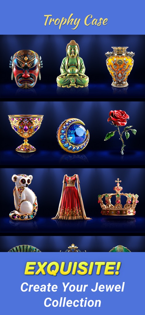Jewelscape: Block Puzzle Game - Admire the app's elegant trophy case, displaying a wide array of exquisite collected items and beautifully rendered jewels, rewarding users for their achievements.
