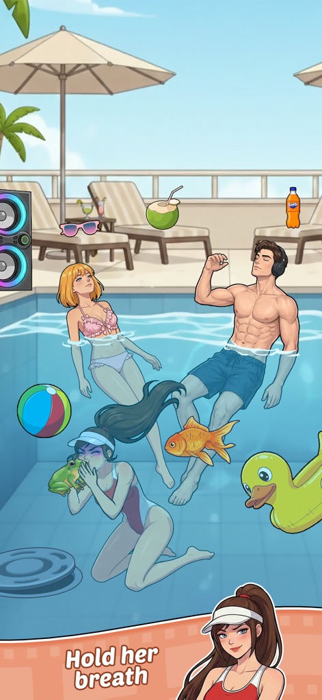 Tricky Dramas: Short Stories - Dive into a lively poolside scene, where users can observe quirky interactions like a person holding a frog and a goldfish swimming freely.