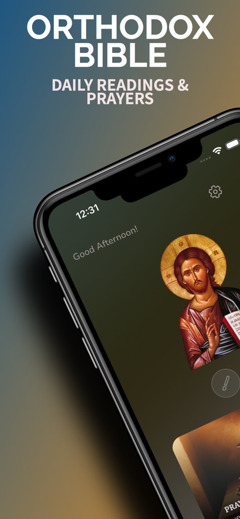 Orthodox Bible - Discover the app's intuitive welcome interface featuring a revered icon of Jesus Christ and clear access to Daily Readings & Prayers.