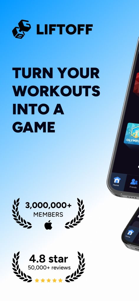 Liftoff - Ranked Gym Workouts - Cette capture met en lumière la philosophie de Liftoff - Ranked Gym Workouts, où les séances sont converties en jeu, comme le révèlent le nombre impressionnant de "3,000,000+ membres" et les "4.8 étoiles" d'évaluation.